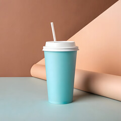 Light blue disposable cup with straw and lid on table