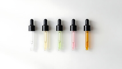 Droppers with colorful liquid on white background