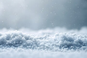 Soft snowflakes gently fall onto a thick blanket of fresh snow.