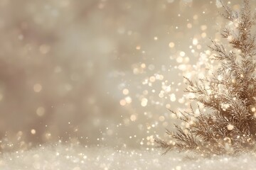 A softly lit, snow-covered tree sparkles with golden bokeh lights in a dreamy winter scene.