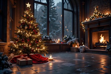 A decorated Christmas tree with glowing lights stands beside a cozy fireplace in a warmly lit room.