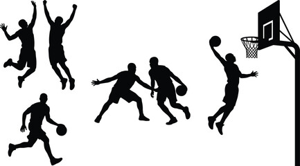 Basketball player silhouettes in action, slam dunk pose, dribbling and defense, black and white sports illustration, dynamic athletic movement © Hamim's World