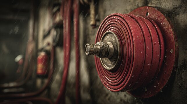 Emergency preparedness: A close-up view of a vibrant red fire hose reel mounted on a weathered wall, a symbol of readiness and protection against unforeseen events. 