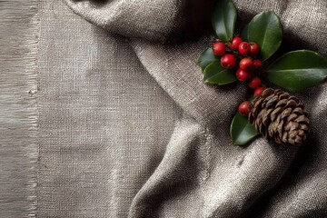 A pine cone and red berries rest on a piece of textured fabric.