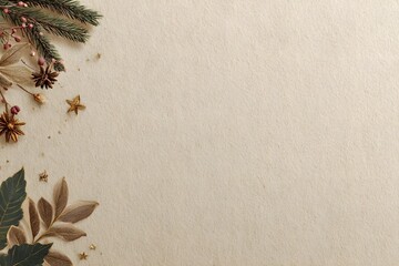 Dried leaves and festive decorations are arranged along the left edge of a beige textured background.