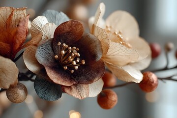 Delicate artificial flowers display warm brown and beige petals in a softly lit indoor setting.