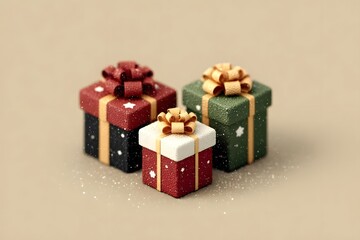 Three small, neatly wrapped gift boxes with decorative bows sit together on a plain beige surface.