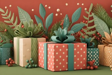 Several decorated gift boxes sit together in a festive setting with leaves and berries.