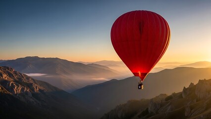 Red hot air balloon soaring over misty mountains at sunrise creates breathtaking adventure travel scene