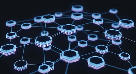 Abstract digital network of interconnected nodes on dark background