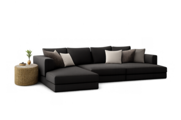 Black modern minimalist sectional sofa with chaise lounge and decorative cushions, featuring a side table on a transparent background