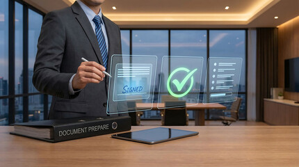 Businessman in modern office interacting with virtual document signing interface on futuristic desk with tablet and cityscape background