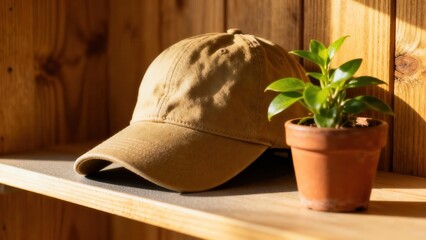 Khaki fabric baseball cap rests next to a miniature green houseplant in a terracotta pot on a wooden shelf bathed in warm sunlight.
