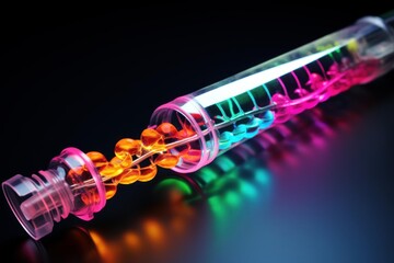 Genetic helix molecules spilling from a futuristic science tube on a dark background