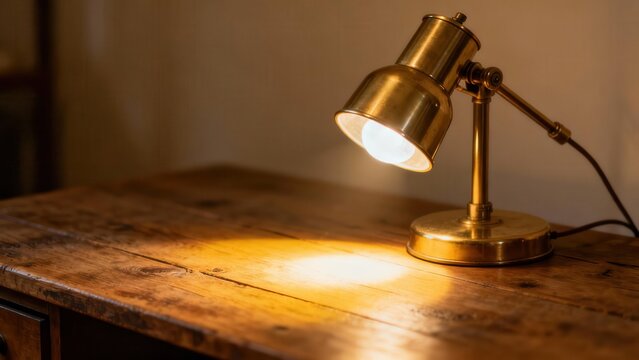 Polished gold metallic desk lamp casting a focused warm glow onto the distressed dark wooden desktop surface in a dim room. - Powered by Adobe
