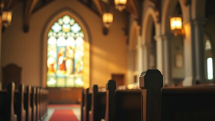 Fototapeta premium pew. A serene church interior with warm light highlighting a wooden pew and stained glass window. event programs, museum guides, designed for cultural heritage projects and event programs.