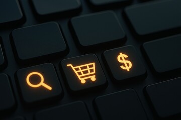 Online shopping technology shows smart ecommerce keyboard with illuminated cart dollar and search icons representing business trends and ai chatbot assistant for startup success