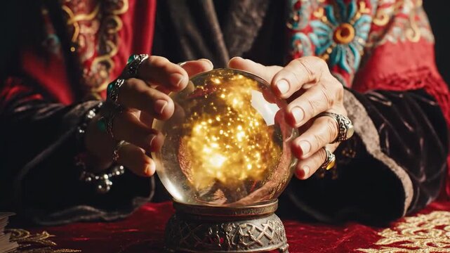 The image shows a fortune teller's hands holding a glowing crystal ball. The fortune teller is wearing ornate clothing and jewelry.