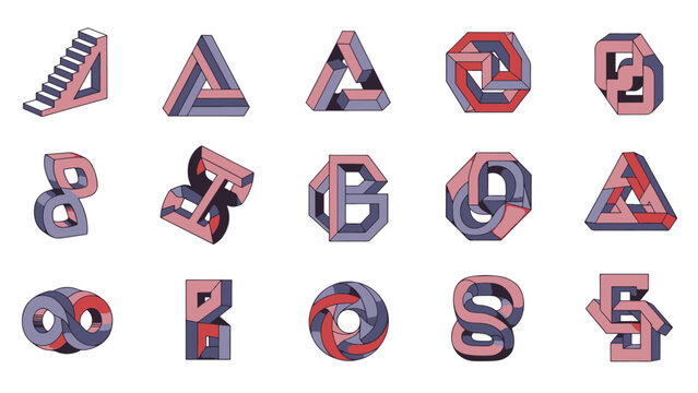 A curated set of iconic impossible figures, an isometric collection of mind-bending optical illusions in a modern graphic style.