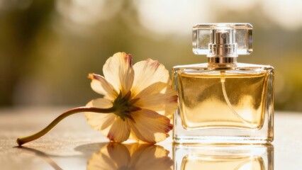 Rectangular clear glass perfume bottle filled with golden amber liquid standing next to a backlit pale yellow cosmos flower.