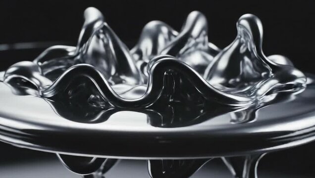 Abstract chrome liquid sculpture with ruffled top on dark background