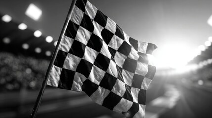Fototapeta premium Checkered Flag: A symbol of victory waves proudly, bathed in the radiant glow of success and determination, representing the culmination of speed and skill.