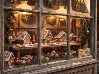 Fototapeta premium Christmas Bakery Window Display with Gingerbread Houses and Vintage Decorations