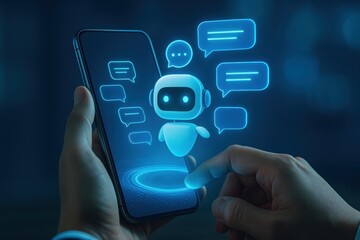AI chatbot assistant technology business smart startup trends online ecommerce shopping concept with human hand holding smartphone and digital robot communication interface