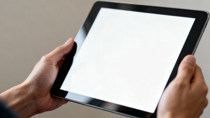 shot of two hands holding a black touchscreen electronic tablet displaying a bright white screen ideal for copy space.