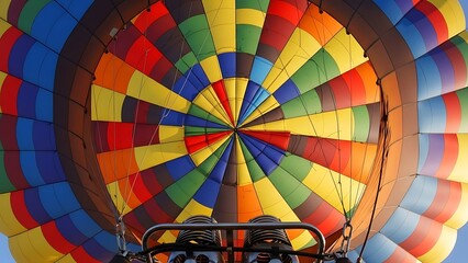 Fototapeta premium Looking up inside a brightly colored hot air balloon envelope showing burners and vibrant fabric patterns
