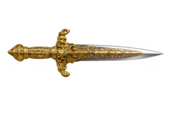 Ornate golden dagger with a sharp blade, representing power, wealth, and historical weaponry, isolated on transparent background