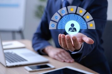 A professional businessman or person works at an office desk, typing on a laptop computer keyboard and using a notebook to handle online business communication and technology in the workplace