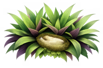 Empty bird nest resting in green and purple plants, new beginnings, home, nature, illustration, transparent background
