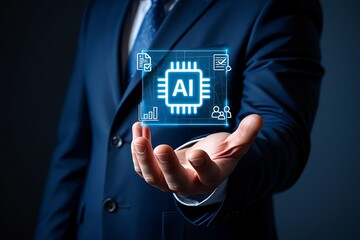 Businessman hand pushing a touchscreen button to access internet data and communication technology for future success in online management concept