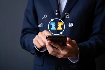 A businessman's hand touches a global social network icon on a digital virtual screen to symbolize mobile communication and internet connection technology in the modern business world