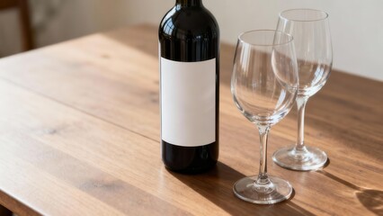 Black glass bottle with empty rectangular white label standing beside two stemmed clear wine glasses on a brown wooden surface.