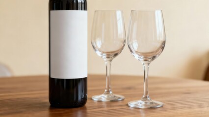 Red wine bottle featuring a blank white rectangular label beside two empty stemmed glasses on a polished wooden surface indoors.