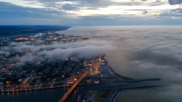 Aerial view of Matane city at dusk with river, fog, low clouds and city lights along St Lawrence River, Quebec, Canada. g.