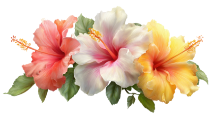 Three Colorful Hibiscus Flowers With Green Leaves Isolated On Black Background floral bloom, Isolated, Png Transparent Background