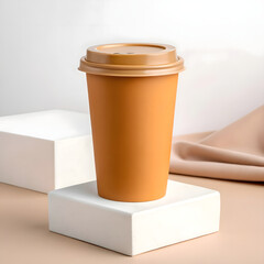 Orange coffee cup with brown lid on white pedestal
