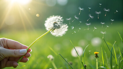 Close-up of hand blowing a dandelion seed head, seeds floating away in sunlight