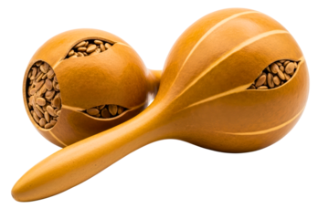 Pair of wooden maracas with seeds visible inside percussion instrument on a transparent background