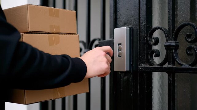 Delivery agent holding three stacked boxes presses silver doorbell on black entrance gate, concept for shipping logistics, e-commerce transactions and residential delivery services