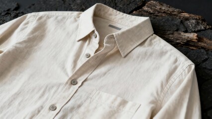 view of natural beige linen casual shirt collar and buttons resting on dark charcoal pieces and rustic wood.