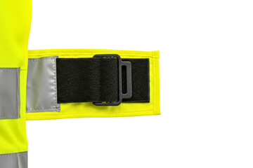 Detail of yellow high visibility safety vest strap with hook and loop fastener on a transparent background