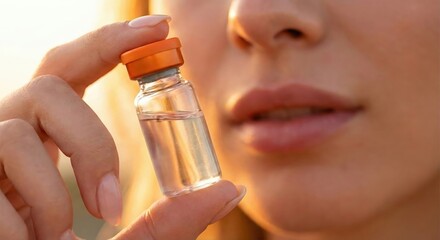 Fototapeta premium A close-up shot of a woman holding a glass vial of medicine or beauty serum, symbolizing vaccination, healthcare, cosmetic treatment, and wellness.