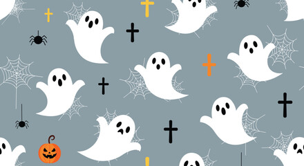 Fototapeta premium A cute and spooky seamless Halloween pattern with cartoon ghosts, spiders, spiderwebs, crosses, and jack-o'-lanterns on a gray background.