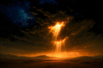 Obraz premium Fiery Light Descending From Sky – Epic Supernatural Scene