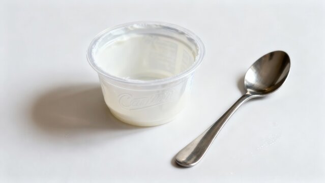 Nearly empty transparent plastic yogurt container and shiny stainless steel spoon lying next to it against a bright white surface.