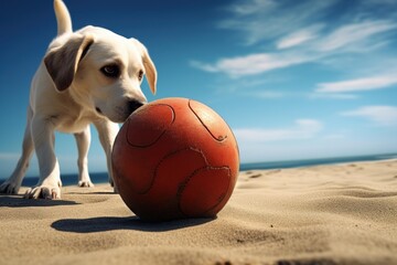 Labrador puppy sniffing an orange ball on a sandy beach under a blue sky